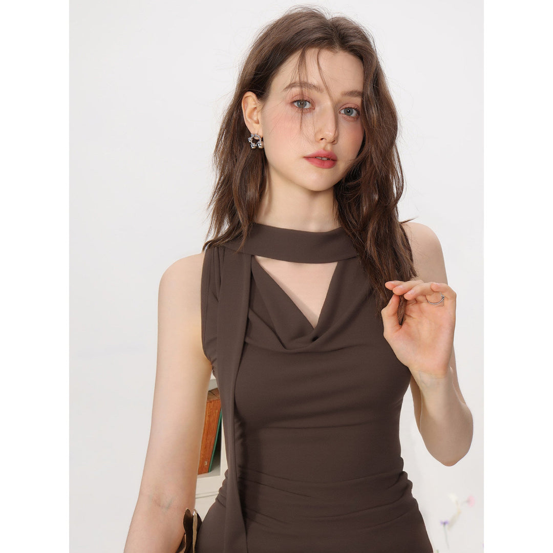 Women’s Sleeveless Modal Top with Waterfall Neckline Brown