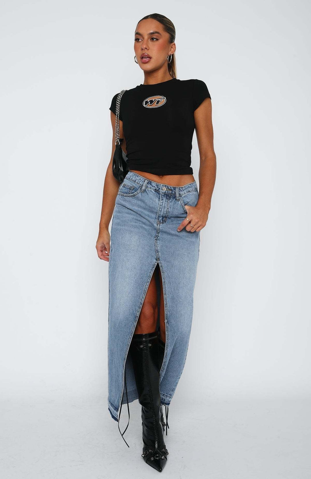 Novella Trendy High-Waisted Denim Skirt with Split, view 6 - Elena Harper