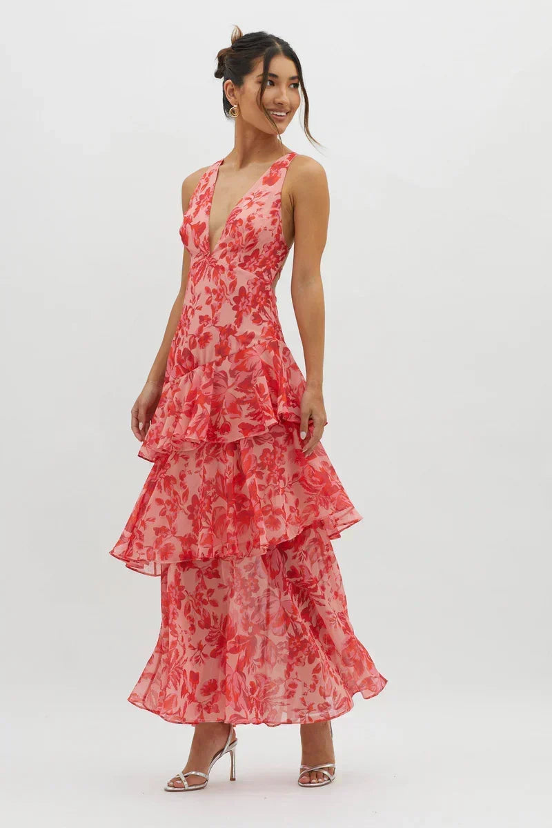 Lisa Coral Floral Midi Dress Fluid and Romantic Elegance - Elena Harper