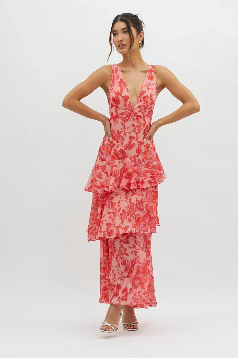Lisa Coral Floral Midi Dress Fluid and Romantic Elegance - Elena Harper