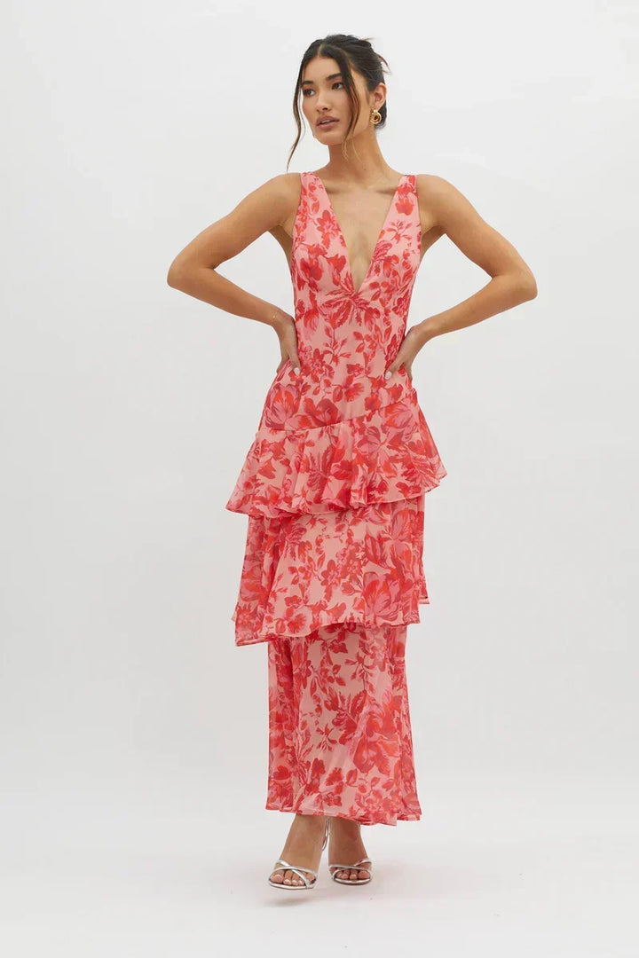 Lisa Coral Floral Midi Dress Fluid and Romantic Elegance - Elena Harper