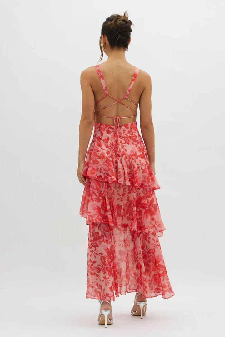 Lisa Coral Floral Midi Dress Fluid and Romantic Elegance - Elena Harper