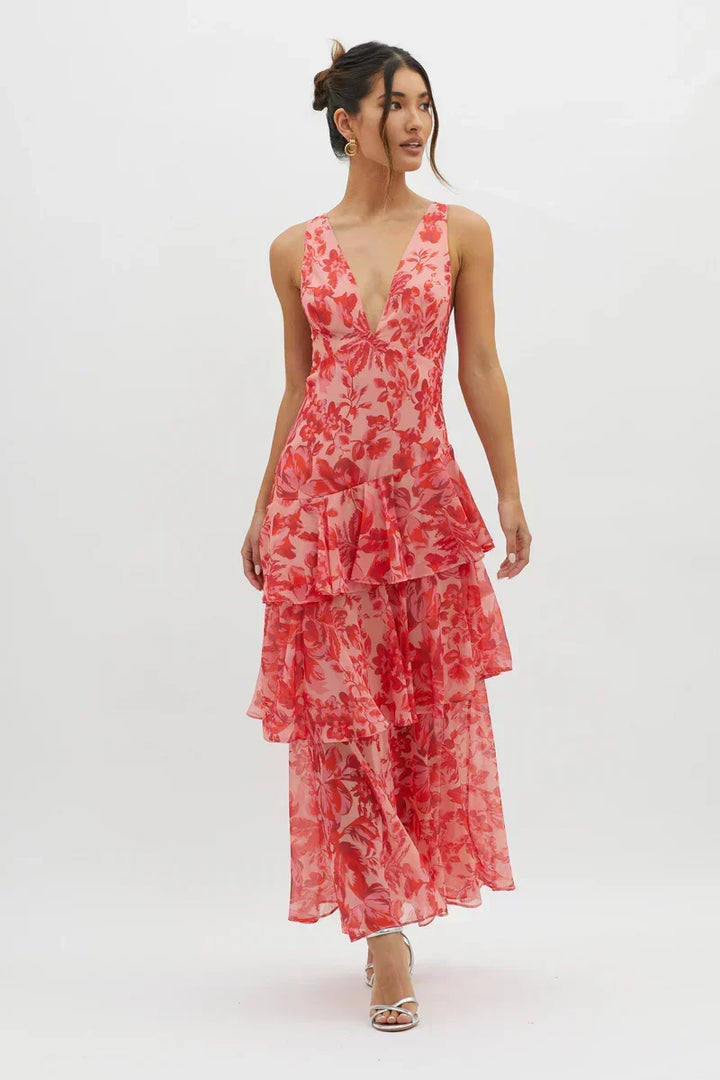 Lisa Coral Floral Midi Dress Fluid and Romantic Elegance - Elena Harper