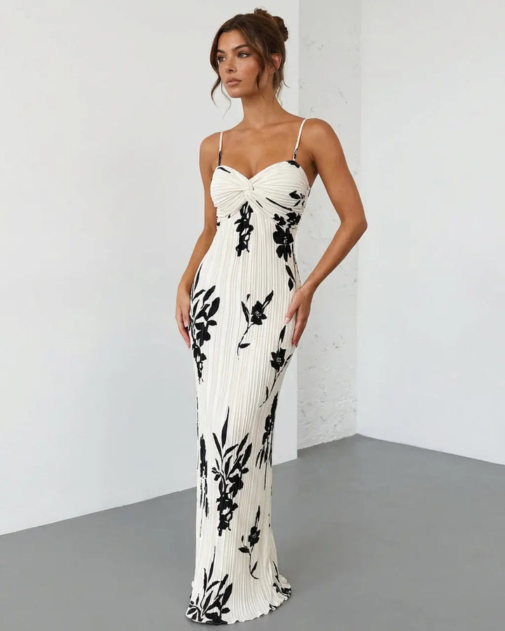 Maxi floral dress for women with twist bustier - Fluid and refined