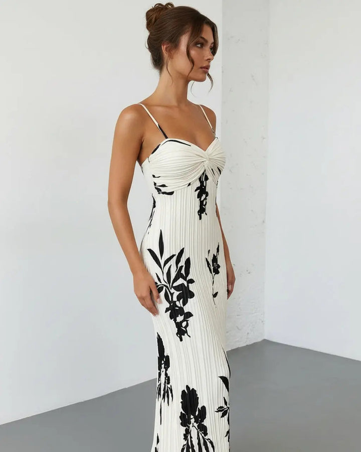 Maxi floral dress for women with twist bustier - Fluid and refined
