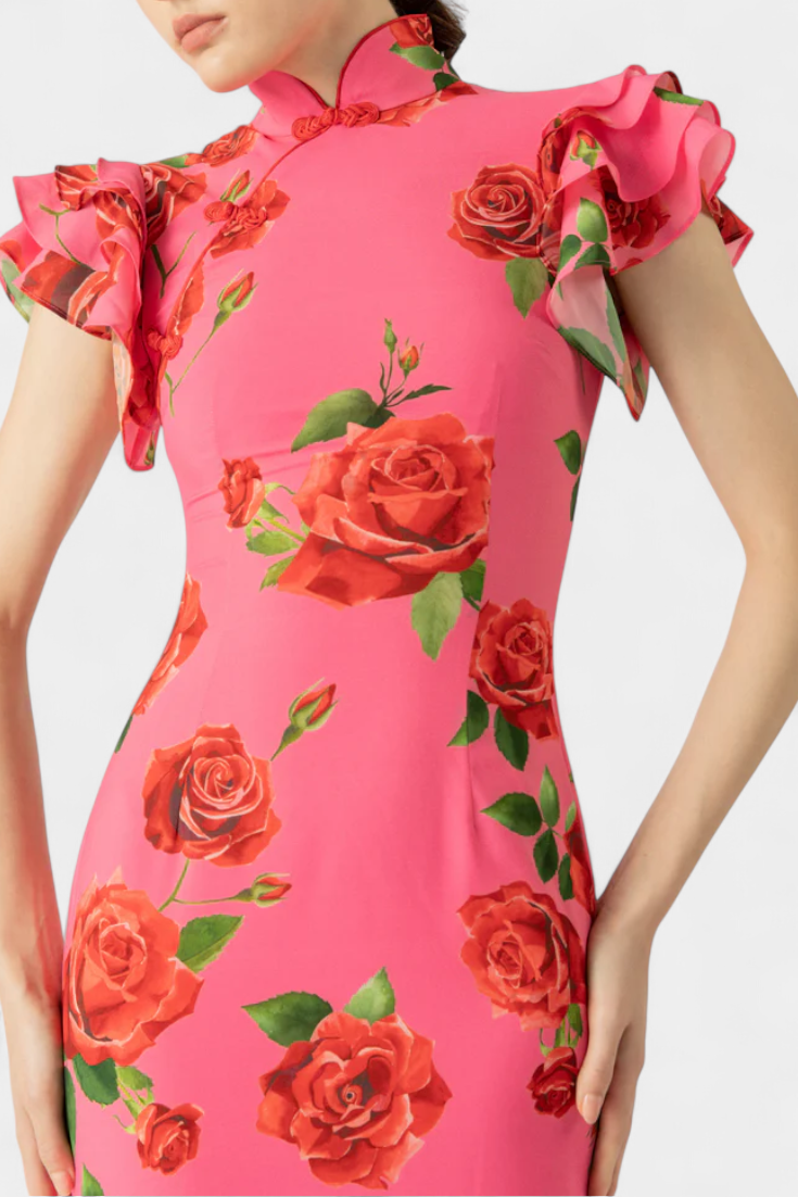 Mayra Elegant Rose Print Qipao Dress, view 4 - Elena Harper