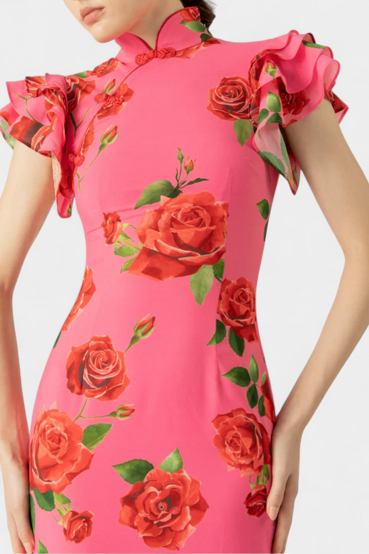 Mayra Elegant Rose Print Qipao Dress, view 4 - Elena Harper