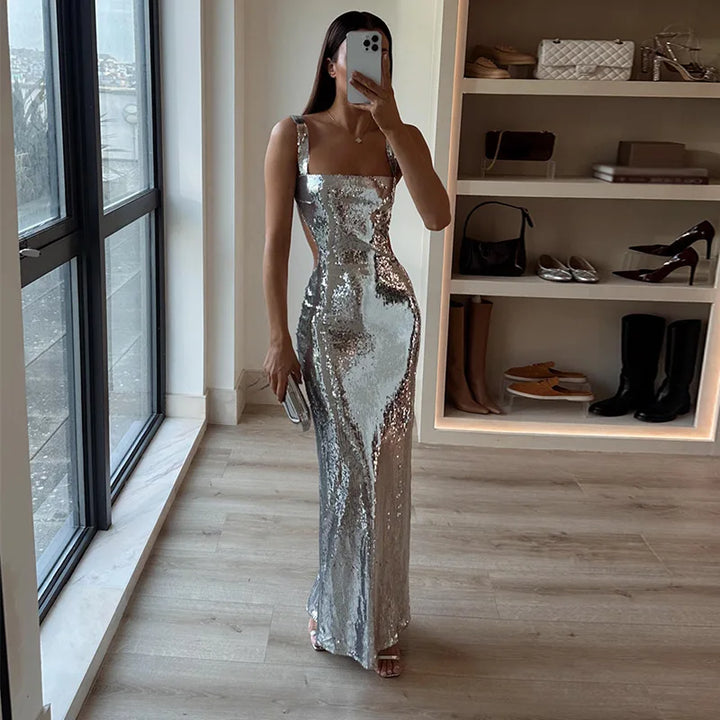 Women's Strapless Sequin Maxi Dress - Elegant Evening Gown