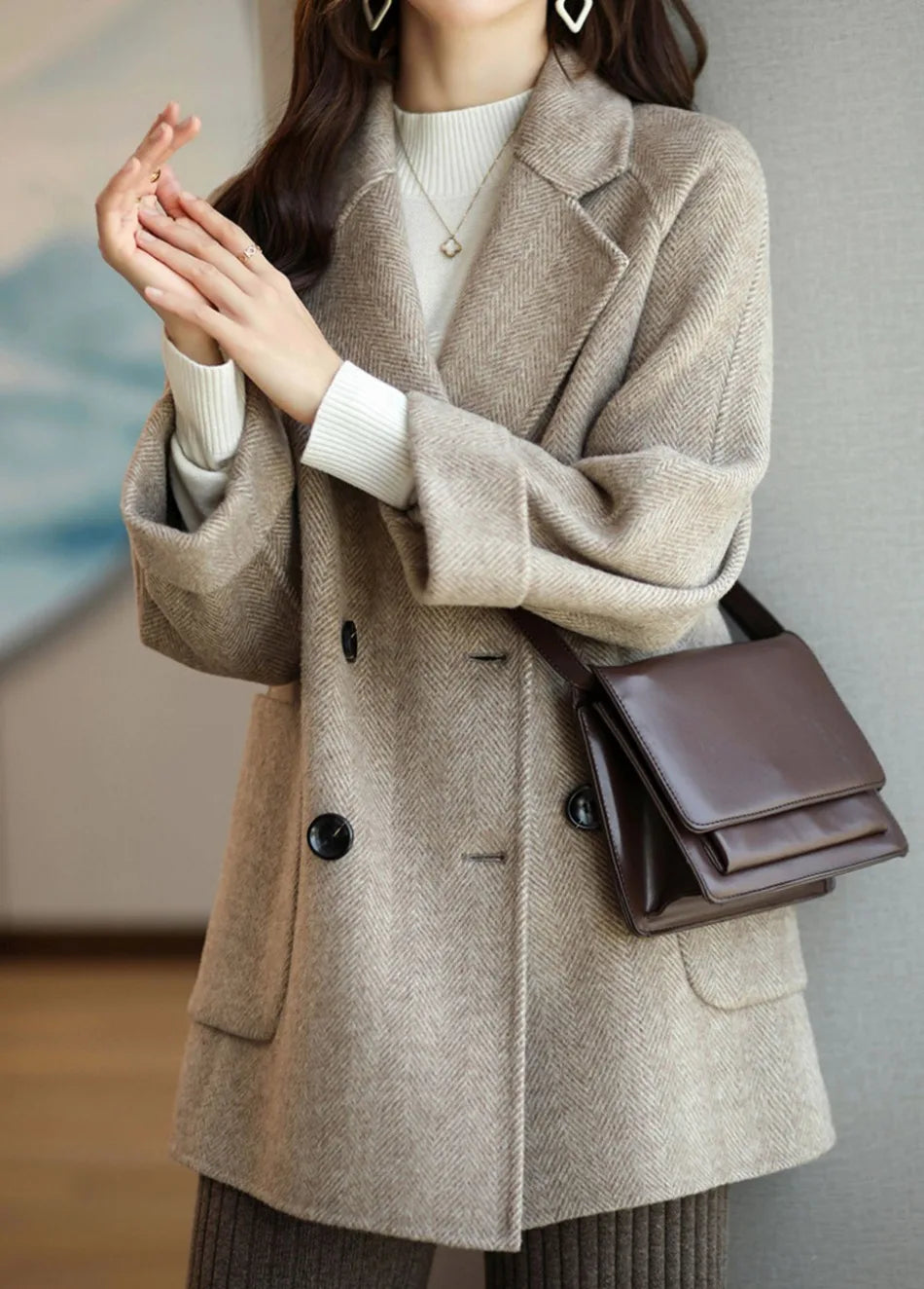 Double-Breasted Premium Wool Autumn Coat with Notched Collar and Oversized Pockets, view 3 - Elena Harper