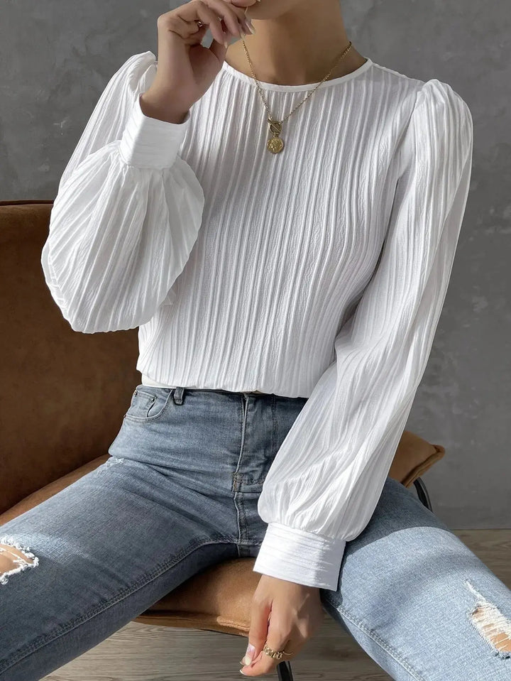 Textured Women's Blouse with Round Neck Elegant Casual Top with Puff Sleeves, view 4 - Elena Harper