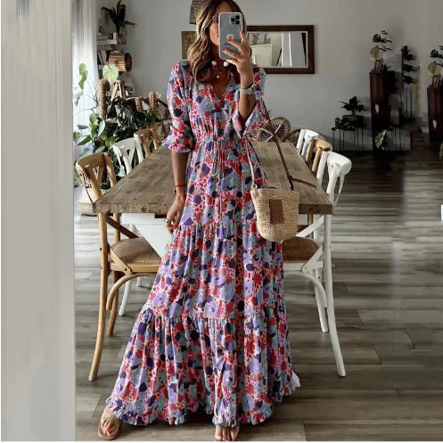 Liora V-Neck Printed Swing Maxi Dress - Elena Harper