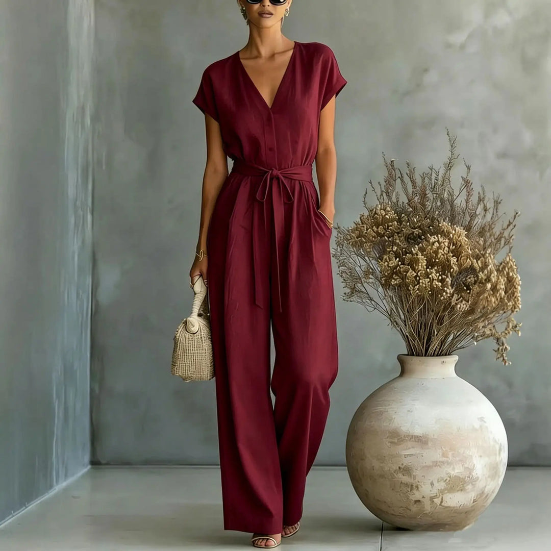 Women's V-Neck Jumpsuit with Belt and Wide Pants