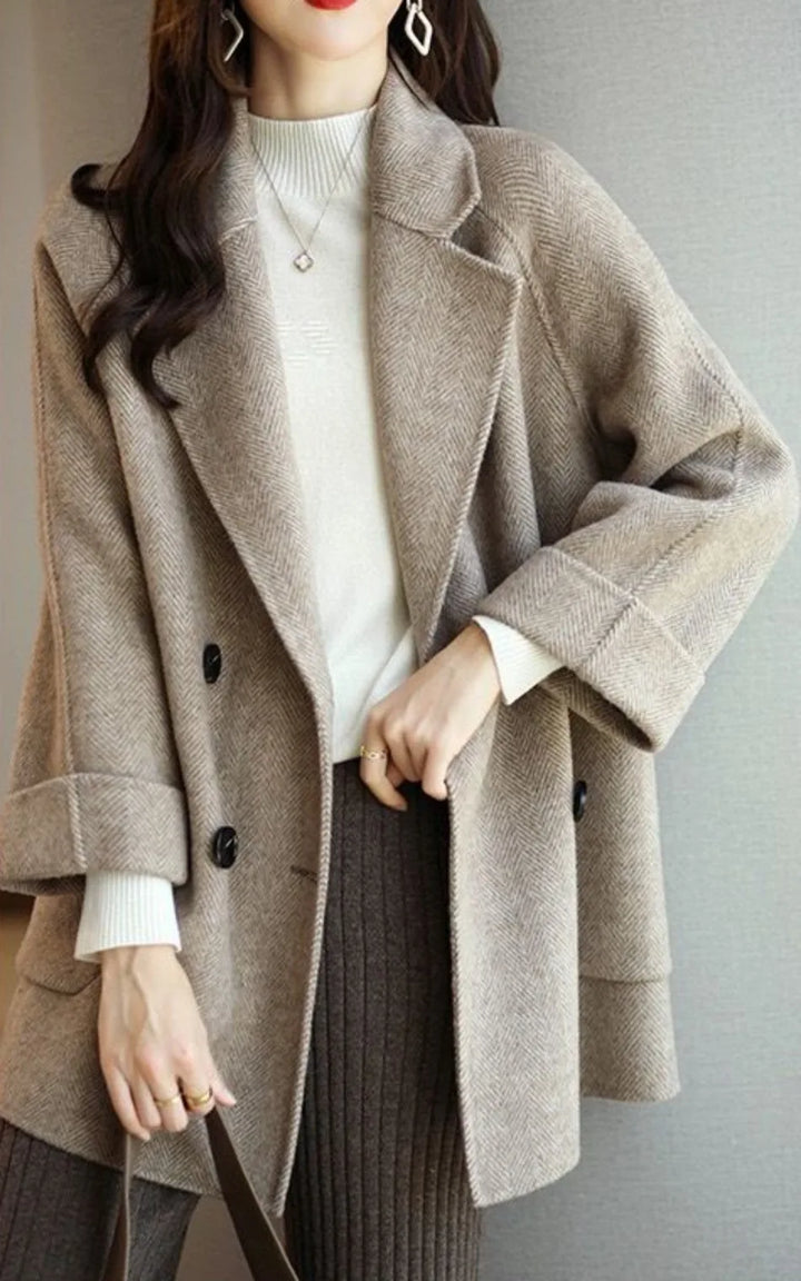Double-Breasted Premium Wool Autumn Coat with Notched Collar and Oversized Pockets, view 2 - Elena Harper