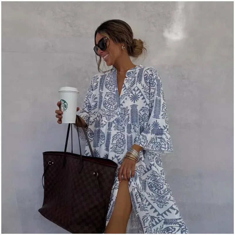 Adeline A-Line Dress with V-Neck Print - Elena Harper