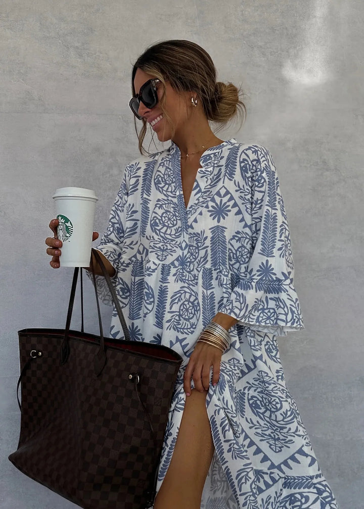 Adeline A-Line Dress with V-Neck Print - Elena Harper