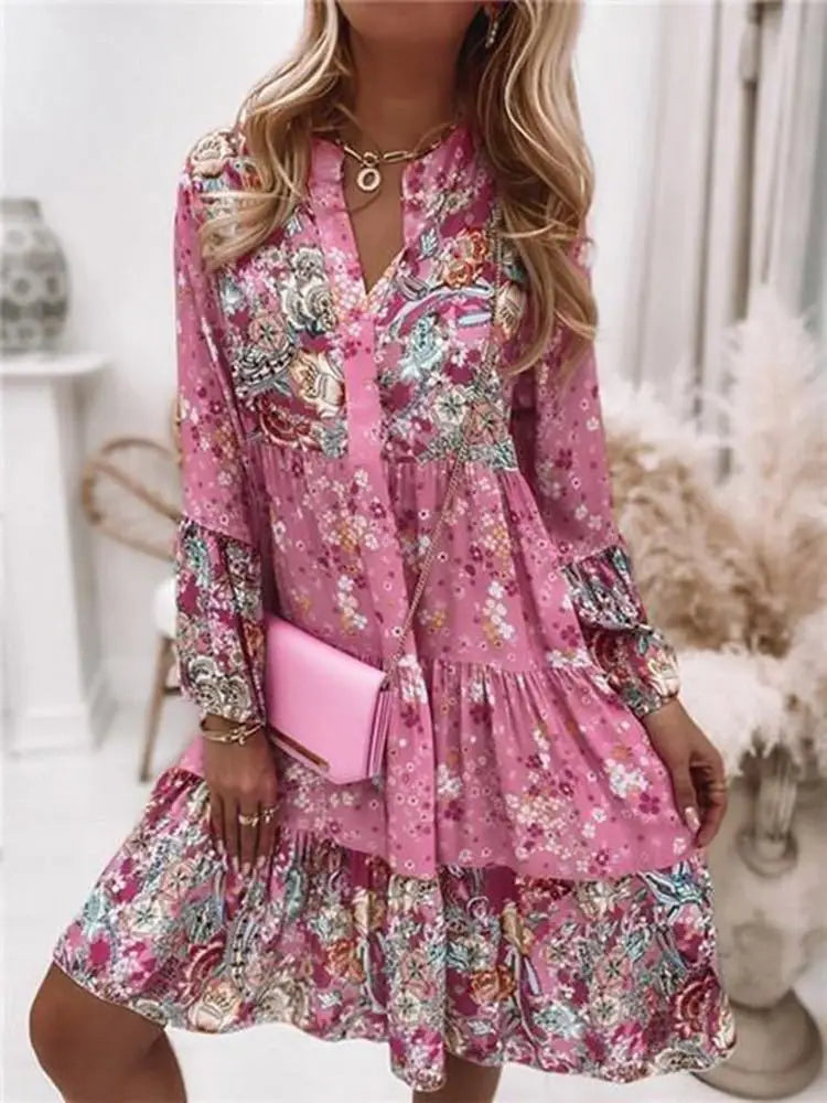 Helena- Floral V-Neck A-Line Dress - Elena Harper