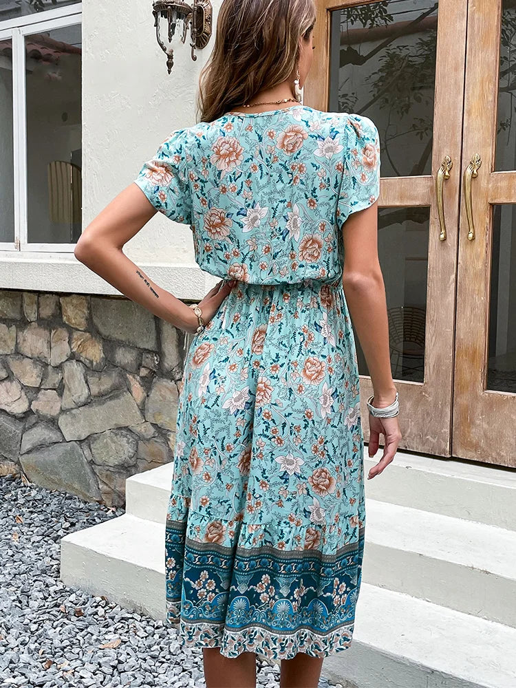 Celia - Green Floral Boho Midi Dress