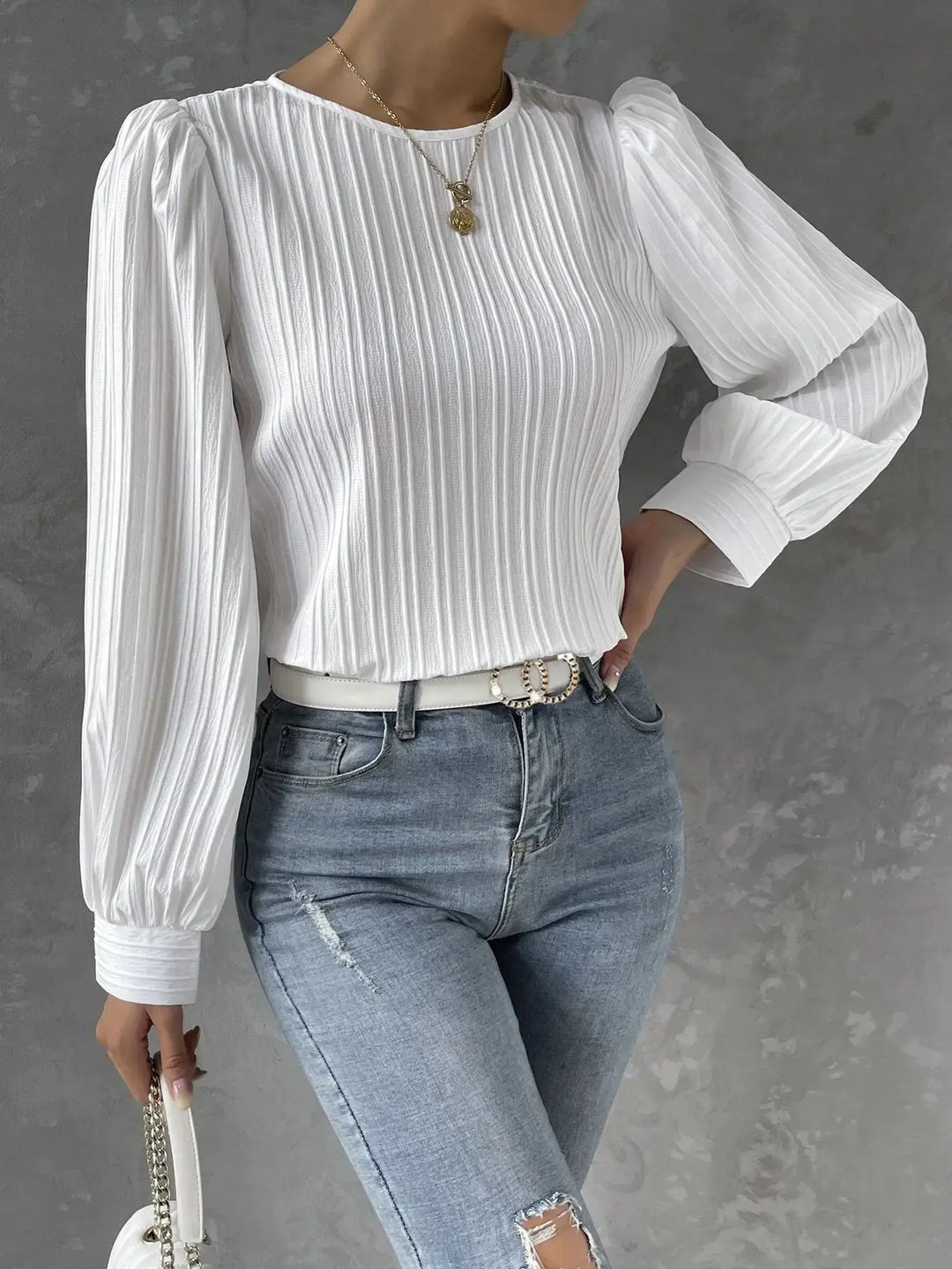 Textured Women's Blouse with Round Neck Elegant Casual Top with Puff Sleeves, view 2 - Elena Harper