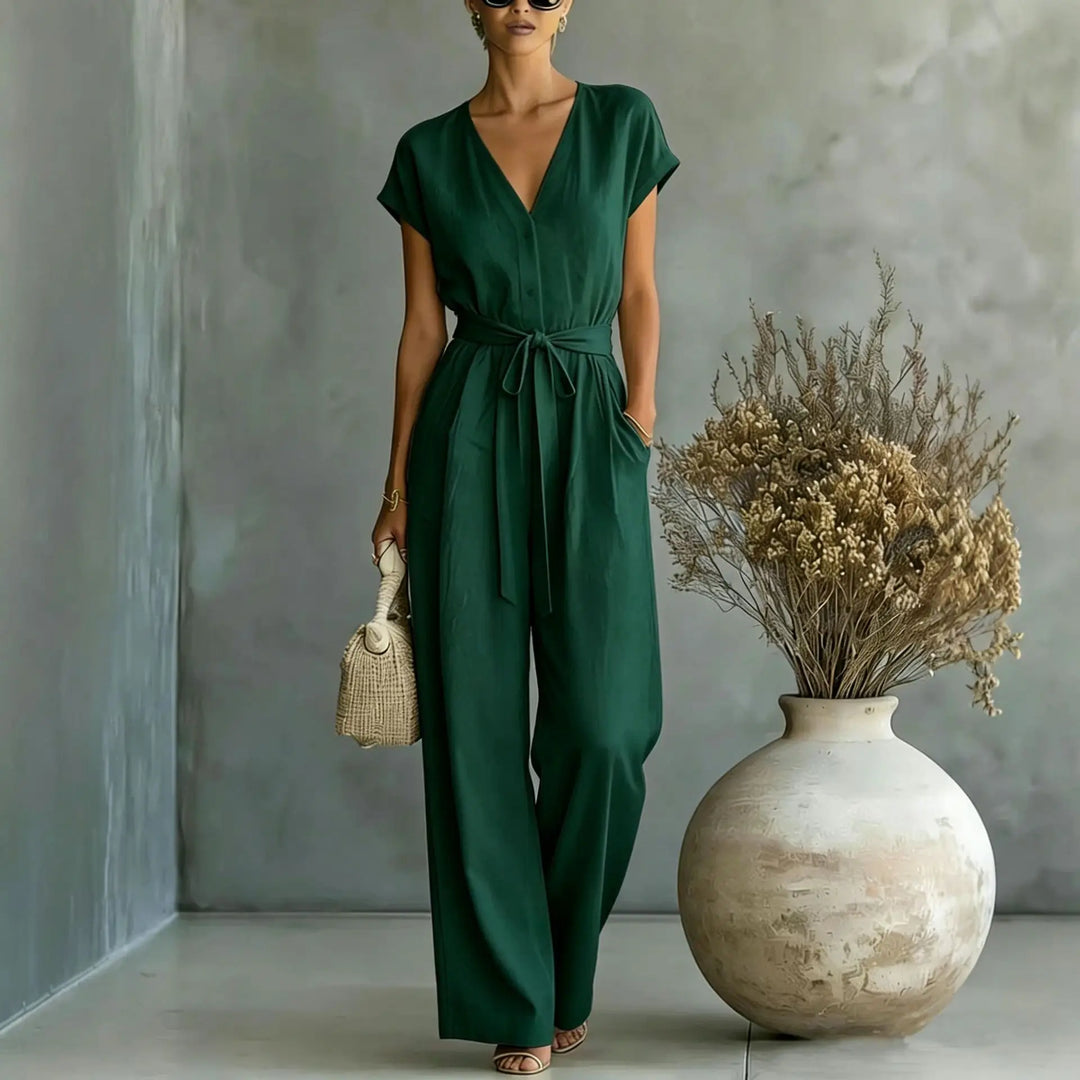 Women's V-Neck Jumpsuit with Belt and Wide Pants