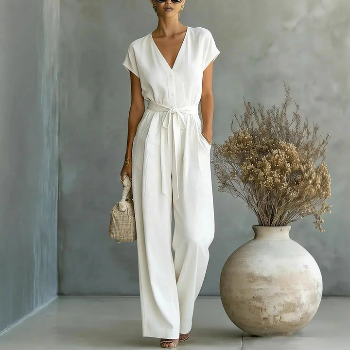 Women's V-Neck Jumpsuit with Belt and Wide Pants