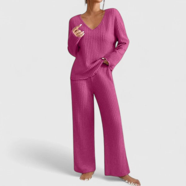 Sabina | Women's Lounge Set with Ribbed Knit and Wide Pants