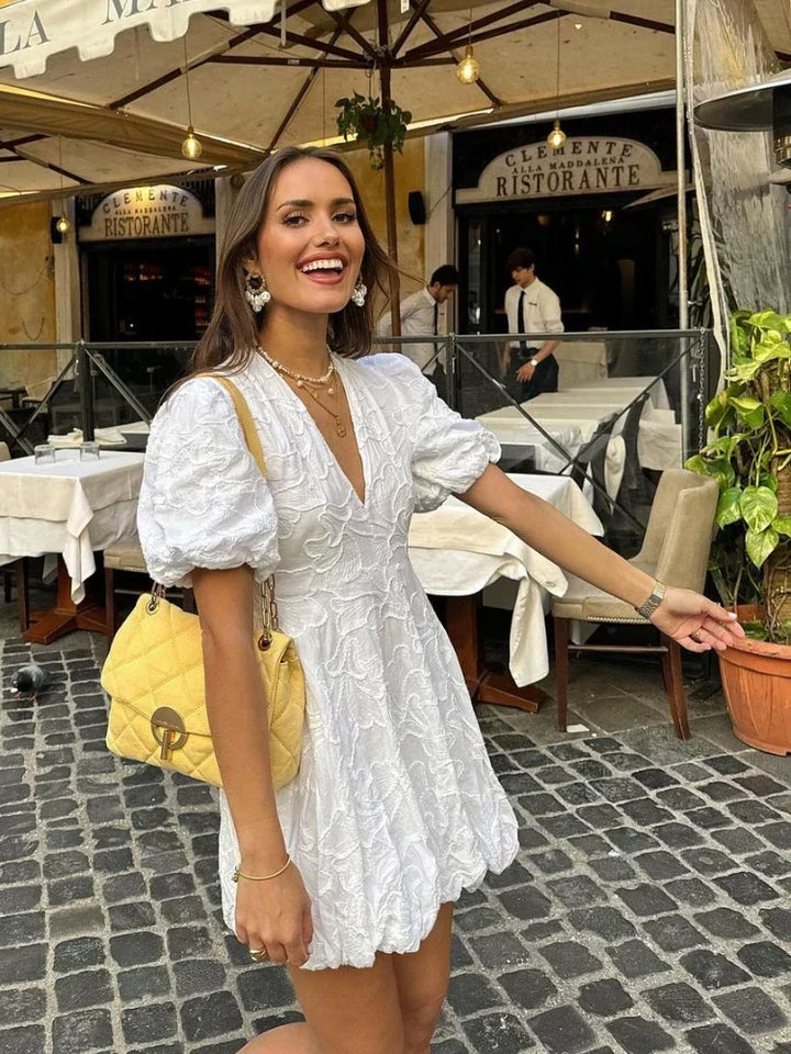 Summer Dress with V-Neck and Puff Sleeves for Women