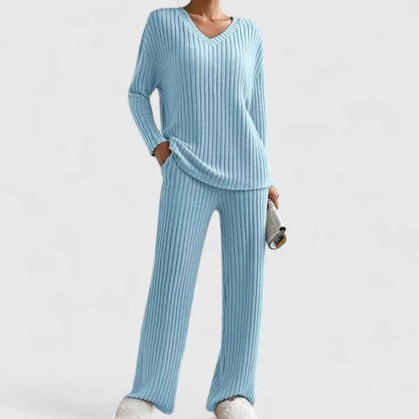 Sabina | Women's Lounge Set with Ribbed Knit and Wide Pants