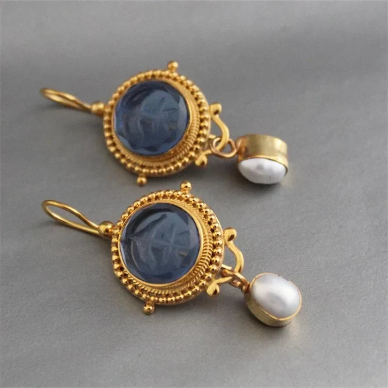 Blue Carved Gem & Pearl Drop Earrings - Elena Harper