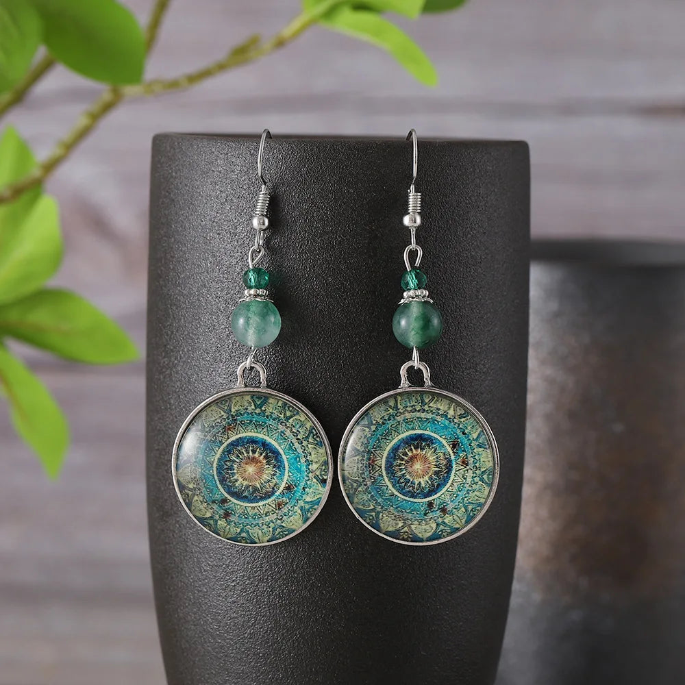 Boho Mandala Glass Disc Drop Earrings - Elena Harper