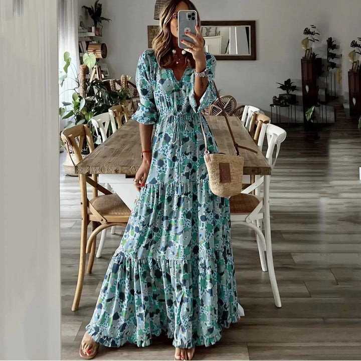 Liora V-Neck Printed Swing Maxi Dress - Elena Harper