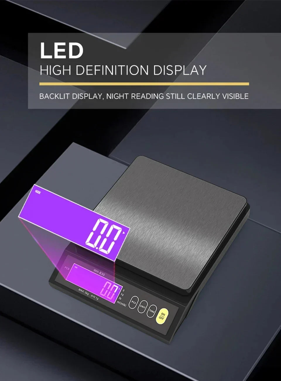 Digital Electronic Kitchen Scale 5 kg/0.1 g and 10 kg/1 g, LCD Screen, Fully Waterproof Stainless Steel Cooking Tool