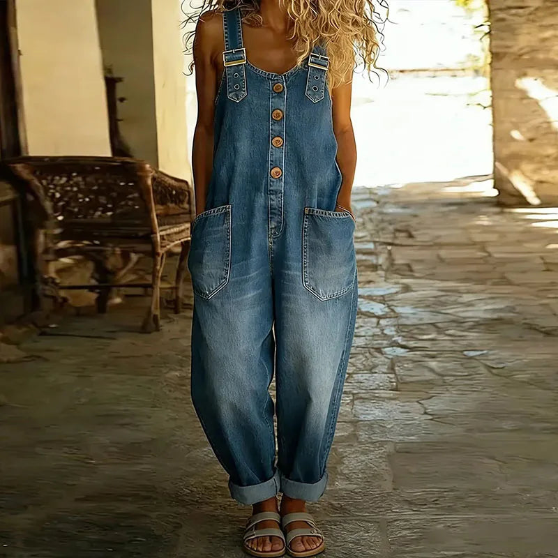 Mara Vintage Soft Cotton Denim-Look Overalls with Adjustable straps - Elena Harper
