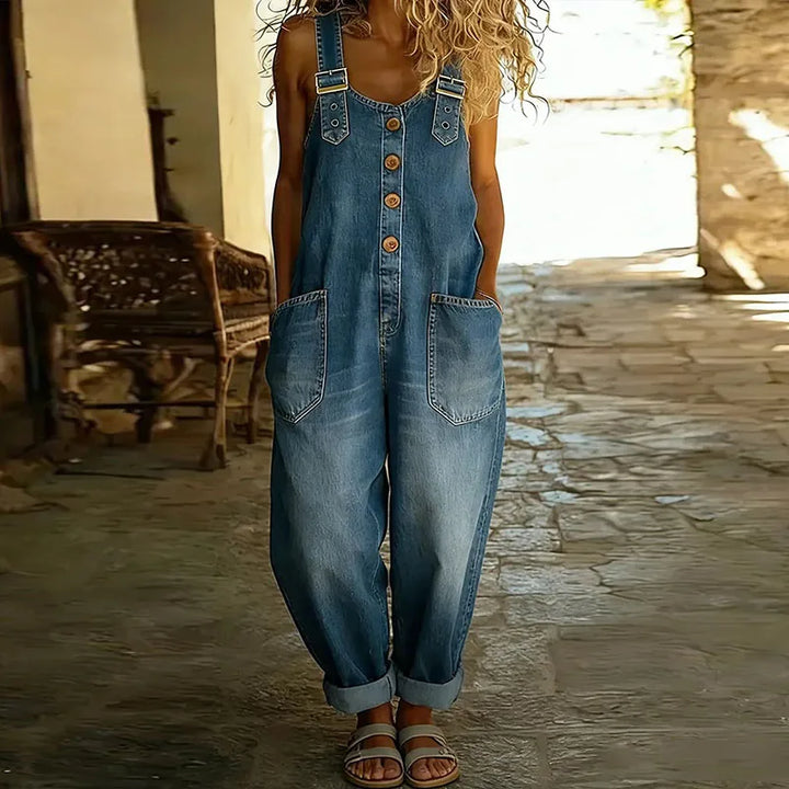 Mara Vintage Soft Cotton Denim-Look Overalls with Adjustable straps - Elena Harper