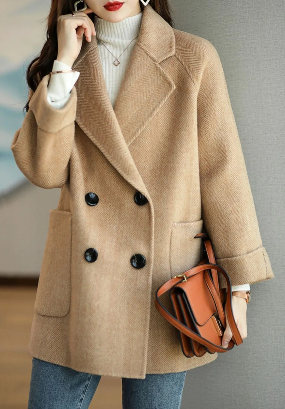 Double-Breasted Premium Wool Autumn Coat with Notched Collar and Oversized Pockets, view 9 - Elena Harper