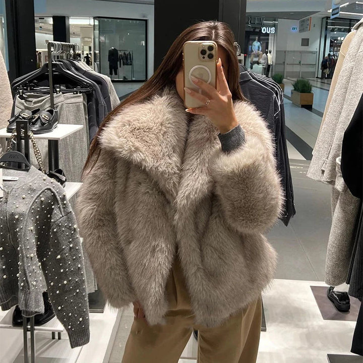 Corinne Faux Fur Coat with Oversized Shawl Collar for Women - Elena Harper