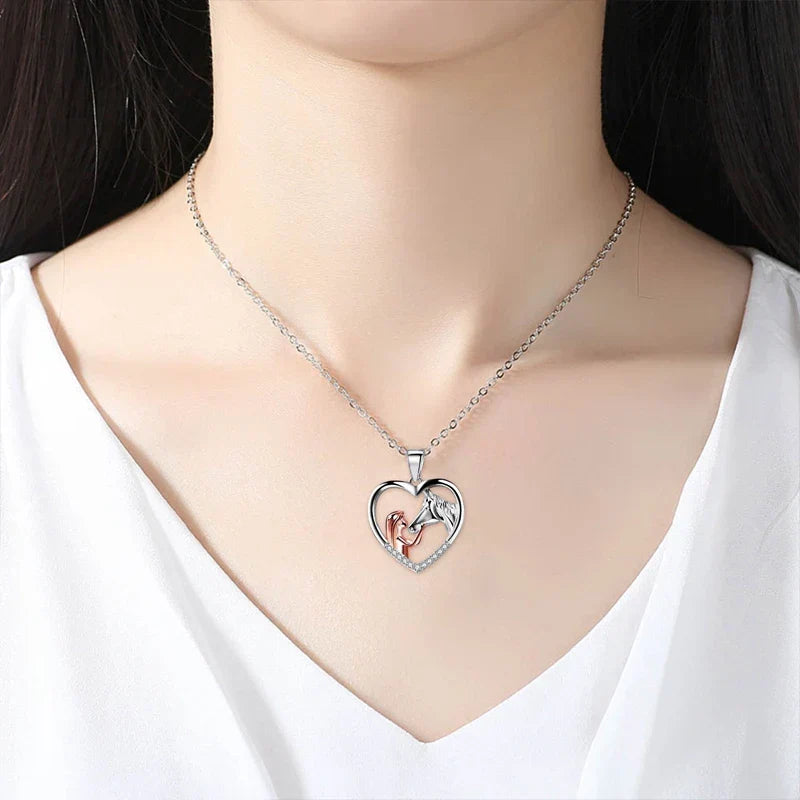 Beautiful Heart Zircon Girl and Horse Necklace, view 3 - Elena Harper