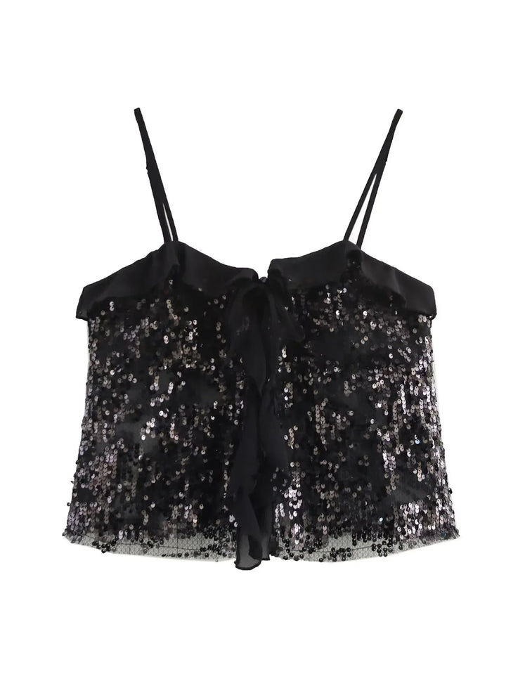 Festive Sequin Women's Top with Bow Closure and Ruffles