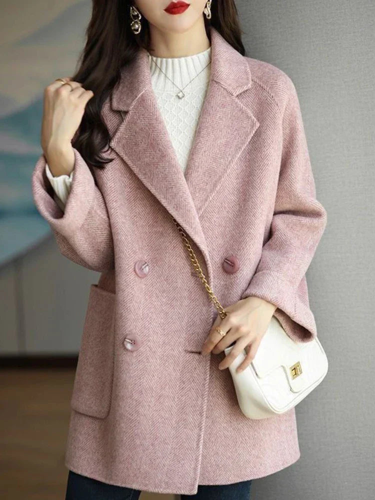 Double-Breasted Premium Wool Autumn Coat with Notched Collar and Oversized Pockets, view 10 - Elena Harper