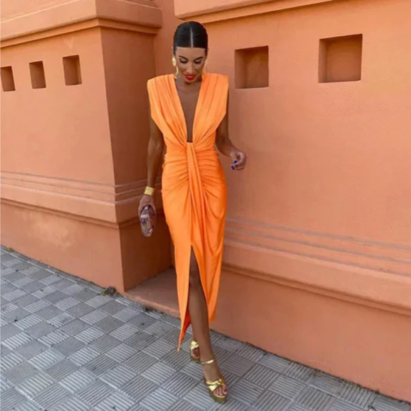 Elegant Pleated Dress Sophisticated Woman Silhouette - Elena Harper