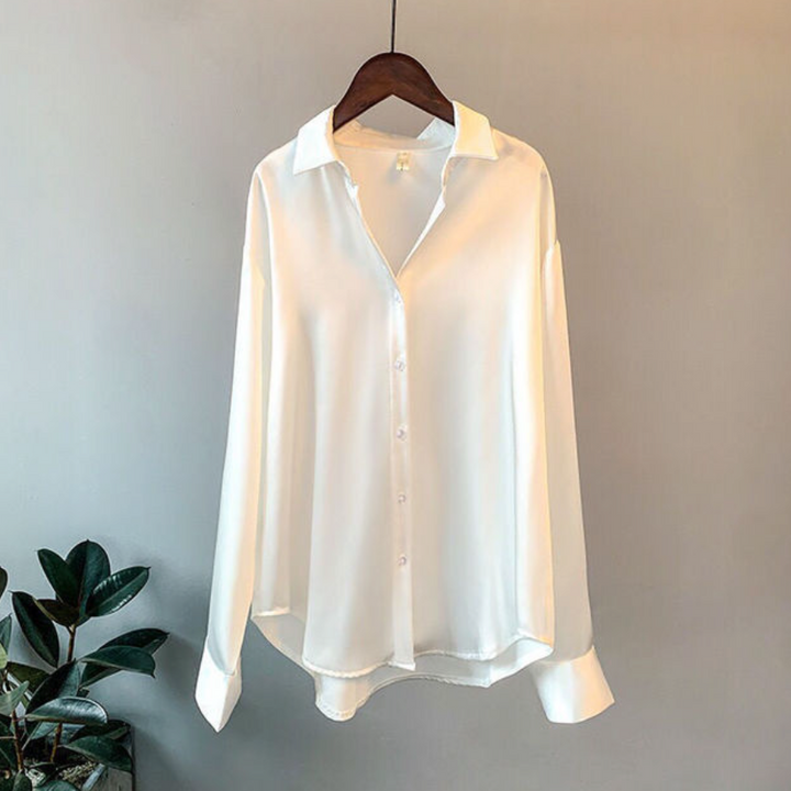 Satin Blouse with Long Sleeves and Classic Collar, view 3 - Elena Harper