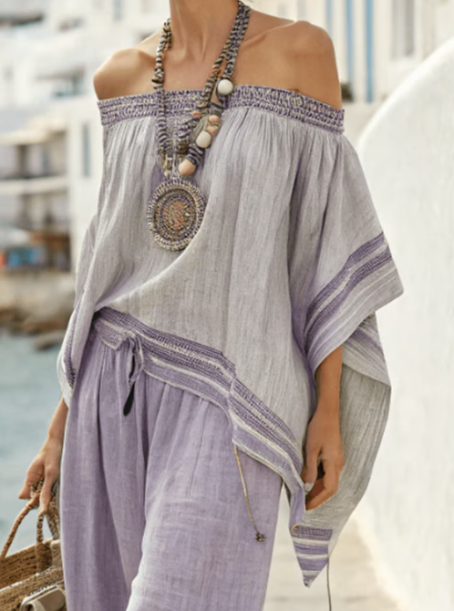 Two-Piece Linen Set with Off-the-Shoulder Design - Elena Harper