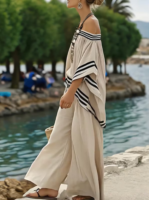 Off-shoulder linen set with elegant stripes
