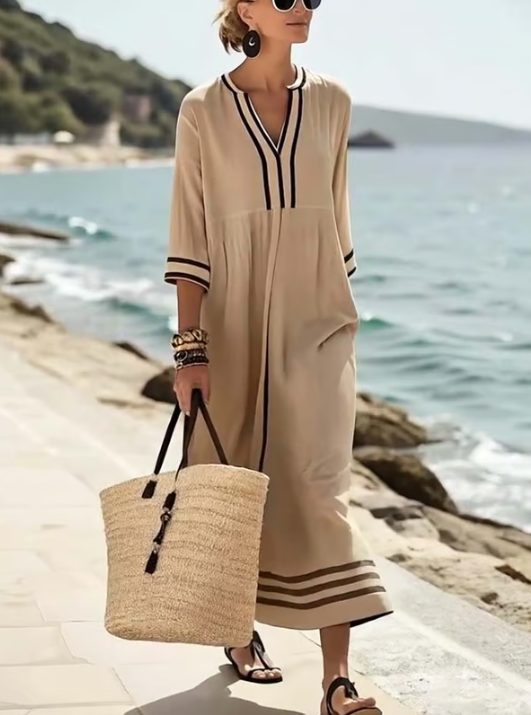 Long linen dress with contrasting detail - Elena Harper