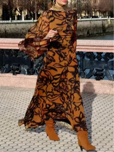 Ashley Beach Glam Brown long printed dress - Elena Harper