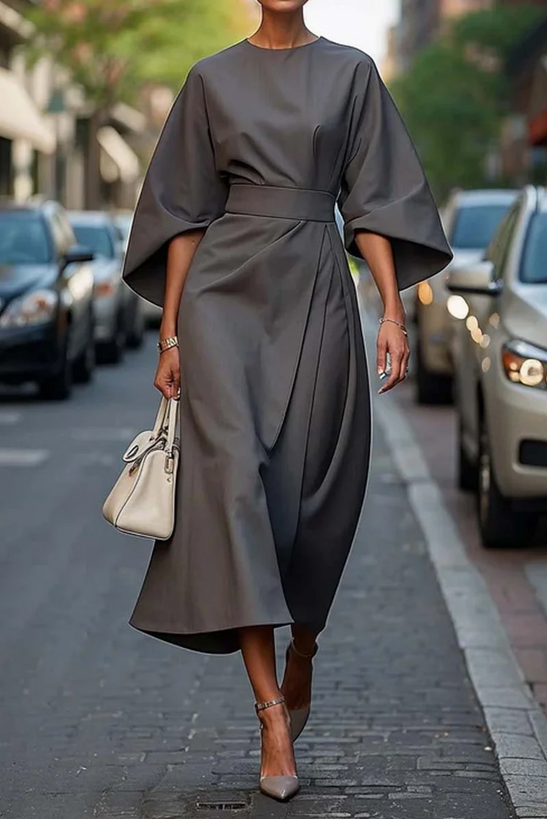 Adriana Midi Dress with Batwing Sleeves and Elegant Belt - Elena Harper