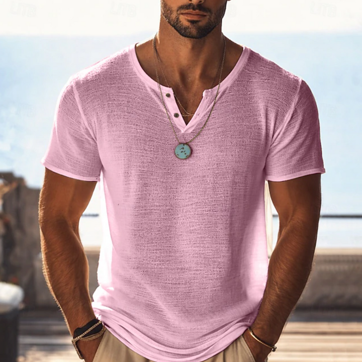 Men's Textured Henley V-Neck T-Shirt for Summer Comfort
