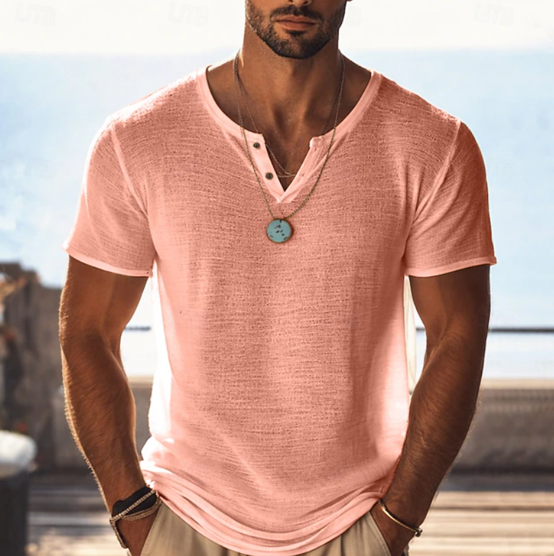Men's Textured Henley V-Neck T-Shirt for Summer Comfort
