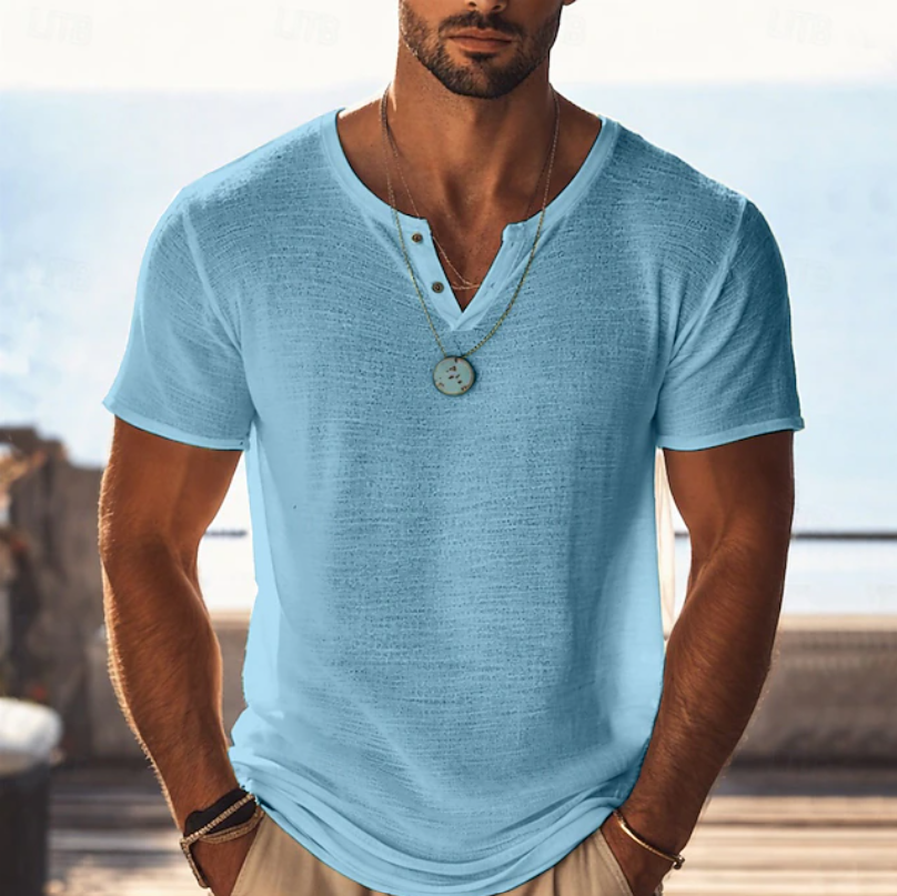 Men's Textured Henley V-Neck T-Shirt for Summer Comfort