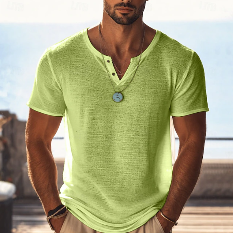 Men's Textured Henley V-Neck T-Shirt for Summer Comfort