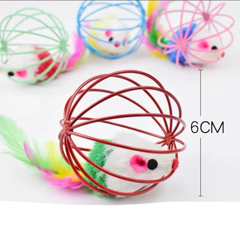 Cat's Interactive Caged Mouse Toy with Feather Tail